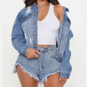 ‎Fashion Nova Distressed Dark Wash Jean Jacket Size XS